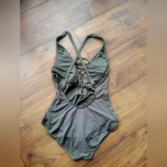 Michael Kors Lace Up Sexy Deep V Olive Green Swimsuit, Size 6 - Picture 3 of 7